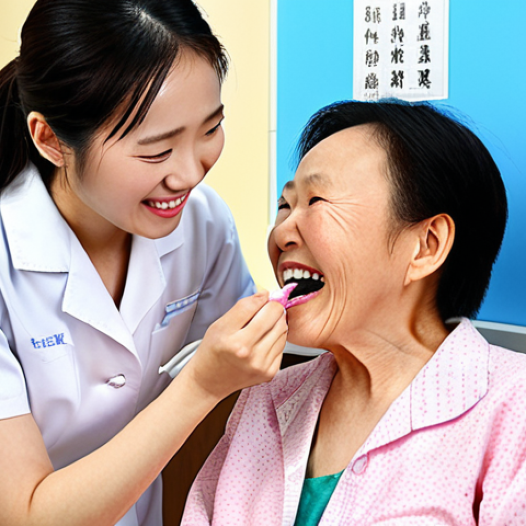 **A bright and modern community dental clinic. A young female dental hygienist (牙科卫生师) is smiling warmly at an elderly patient, demonstrating proper brushing techniques. The background features posters promoting oral hygiene in Simplified Chinese. Emphasize trust and community engagement.**
