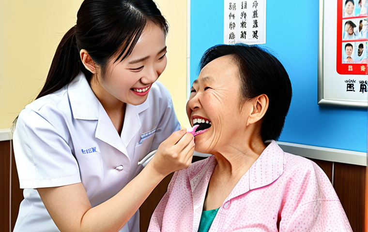 **A bright and modern community dental clinic. A young female dental hygienist (牙科卫生师) is smiling warmly at an elderly patient, demonstrating proper brushing techniques. The background features posters promoting oral hygiene in Simplified Chinese. Emphasize trust and community engagement.**