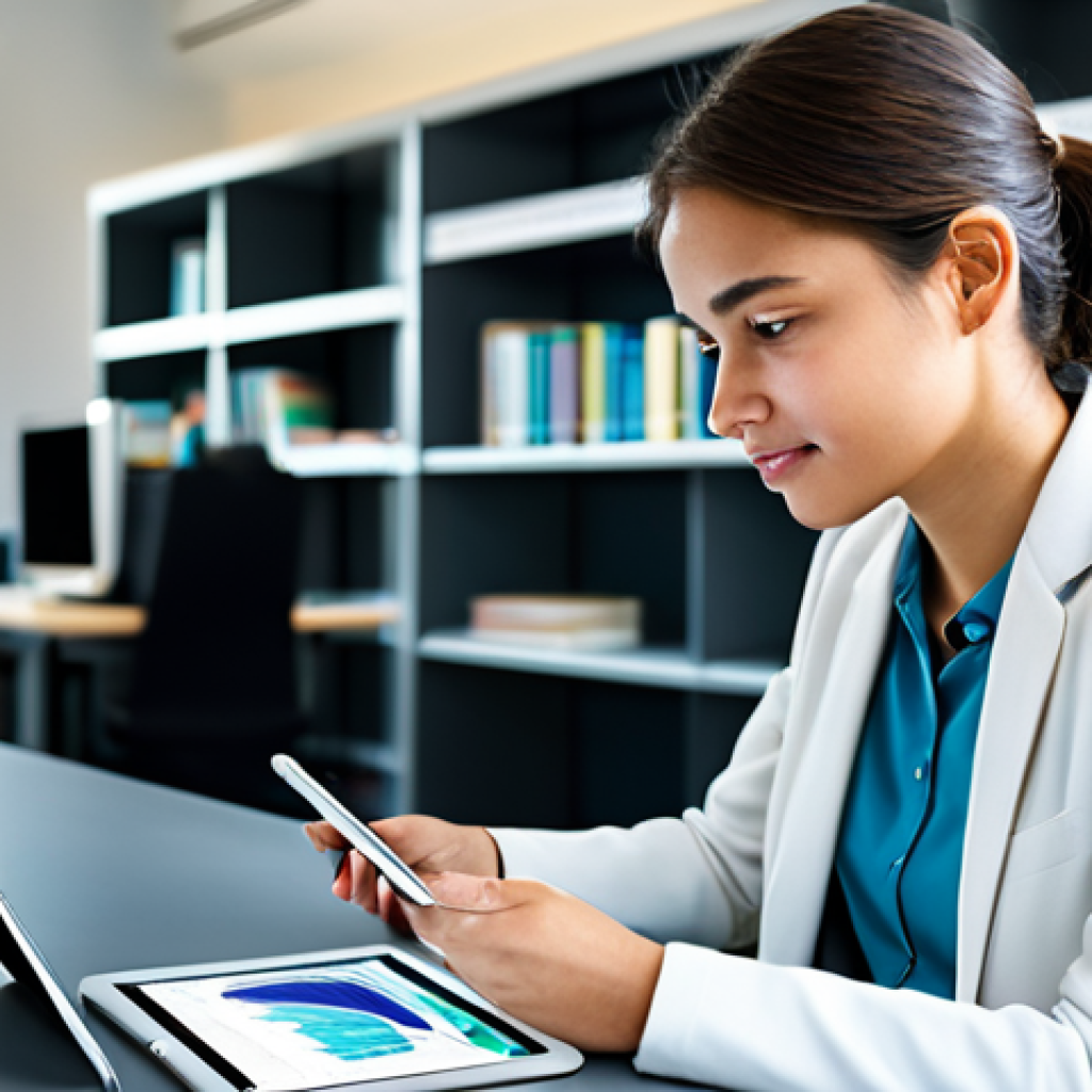 A diligent young professional, fully clothed in smart casual attire, sitting at a clean, modern desk in a sunlit university library. She is focused on open dental hygiene textbooks, with a tablet displaying complex 3D digital dental models and charts, subtly hinting at AI integration. The background shows blurred bookshelves and other students, creating an atmosphere of focused study and quiet learning. Soft, natural lighting, professional photography, high resolution, safe for work, appropriate content, fully clothed, professional, perfect anatomy, correct proportions, natural pose, well-formed hands, proper finger count, natural body proportions, modest clothing.