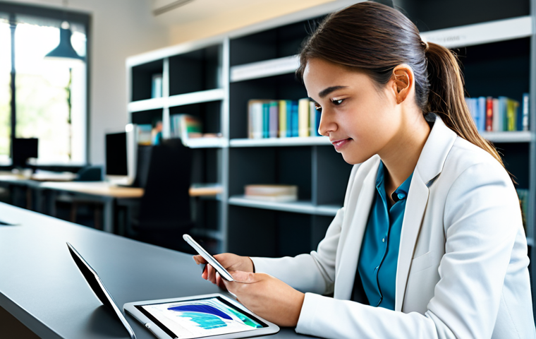 A diligent young professional, fully clothed in smart casual attire, sitting at a clean, modern desk in a sunlit university library. She is focused on open dental hygiene textbooks, with a tablet displaying complex 3D digital dental models and charts, subtly hinting at AI integration. The background shows blurred bookshelves and other students, creating an atmosphere of focused study and quiet learning. Soft, natural lighting, professional photography, high resolution, safe for work, appropriate content, fully clothed, professional, perfect anatomy, correct proportions, natural pose, well-formed hands, proper finger count, natural body proportions, modest clothing.