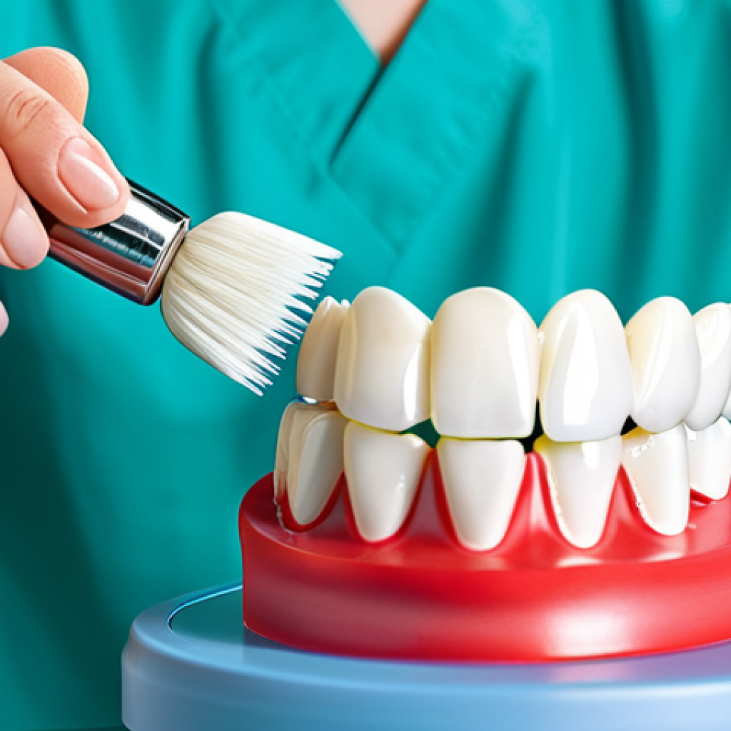 치과위생사 임플란트 케이스 분석 - "A dental hygienist professionally demonstrating proper brushing technique on a dental implant model...
