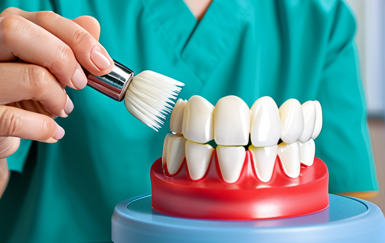 치과위생사 임플란트 케이스 분석 - "A dental hygienist professionally demonstrating proper brushing technique on a dental implant model...