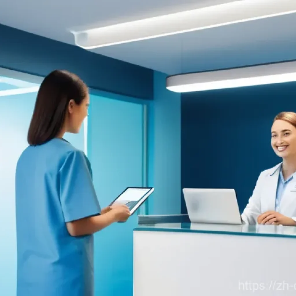 치과위생사 환자 데이터 보안 - **Prompt:** A clean, modern dental clinic reception area during the daytime. A friendly, professiona...