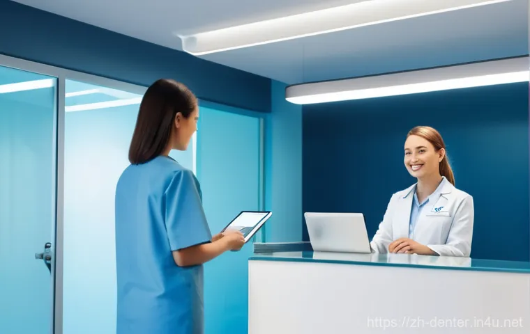치과위생사 환자 데이터 보안 - **Prompt:** A clean, modern dental clinic reception area during the daytime. A friendly, professiona...