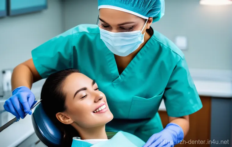 치과위생사 커리어 개발 방법 - A professional female dental hygienist, wearing neat scrubs, gloves, and a mask, is meticulously per...