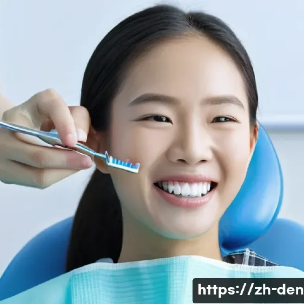 치과위생사 교정 관리 사례 - A detailed clinical scene showing a dental hygienist demonstrating proper brushing techniques to a y...