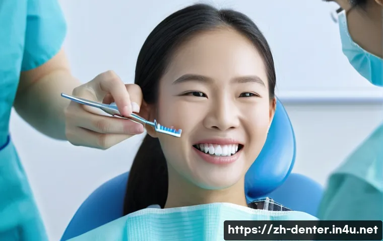 치과위생사 교정 관리 사례 - A detailed clinical scene showing a dental hygienist demonstrating proper brushing techniques to a y...