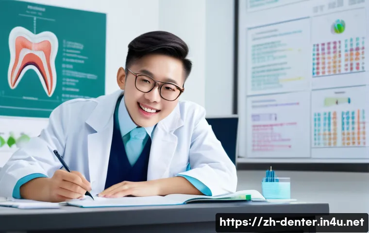 치과위생사 합격 후기 인터뷰 - A modern dental hygiene study scene featuring a young Chinese dental student wearing professional at...