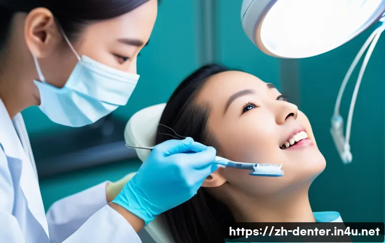 치과위생사 임상 실습 중 자주 묻는 질문 - A professional dental clinic scene showing a young dental intern carefully performing periodontal sc...