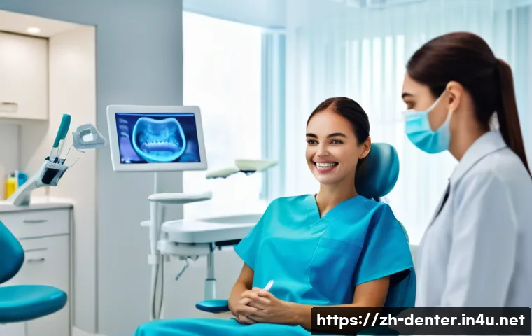 치과위생사 보조 진료 노하우 - A friendly dental hygienist assistant in a modern dental clinic, smiling warmly at a nervous adult p...