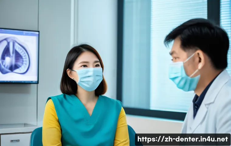 치과위생사로 일하며 겪은 실수들 - A professional dental hygienist attentively listening to a middle-aged Chinese patient in a modern d...