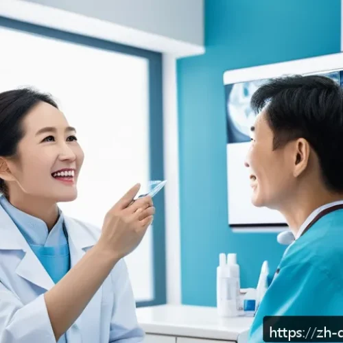 치과위생사와 환자 소통 스킬 - A warm and friendly dental clinic scene featuring a middle-aged Chinese female dentist gently explai...