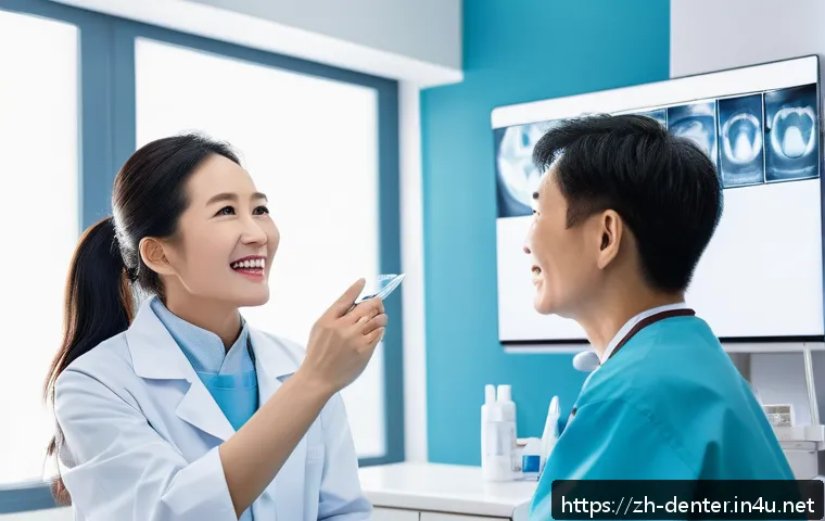 치과위생사와 환자 소통 스킬 - A warm and friendly dental clinic scene featuring a middle-aged Chinese female dentist gently explai...