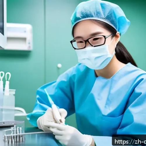 치과위생사 실무 실습 팁 - A modern dental clinic scene showing a young dental intern wearing a mask, gloves, and protective ey...