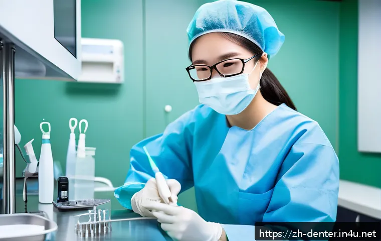 치과위생사 실무 실습 팁 - A modern dental clinic scene showing a young dental intern wearing a mask, gloves, and protective ey...