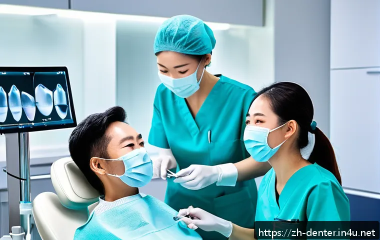치과위생사 신입 직무 교육 내용 - A professional dental hygienist in a modern dental clinic, wearing clean medical scrubs and gloves, ...