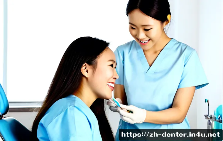 치과위생사 환자 응대 매뉴얼 - Photorealistic dental clinic consultation scene, a friendly professional dental hygienist in clean m...