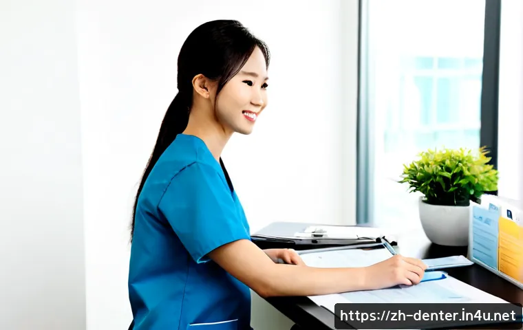치과위생사 공공기관 취업 팁 - Photorealistic young dental hygienist in neat professional scrubs preparing for a public healthcare ...
