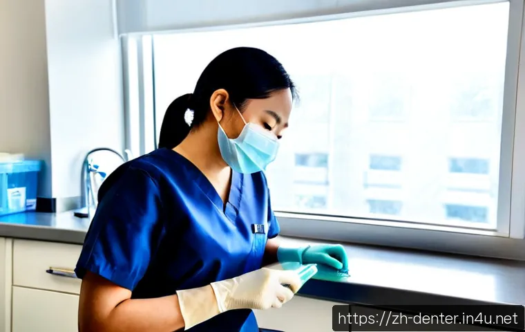 치과위생사 근무 중 배운 교훈 - Photorealistic dental hygienist in clean navy scrubs carefully organizing sterilized instruments on ...
