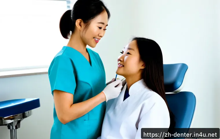 치과위생사 직업 윤리 사례 - Photorealistic dental clinic scene showing a professional dental hygienist calmly explaining a treat...